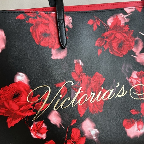 Victoria’s Secret Large Floral Red Faux Leather Tote Bag with Gold Monogram NEW - Picture 5 of 11